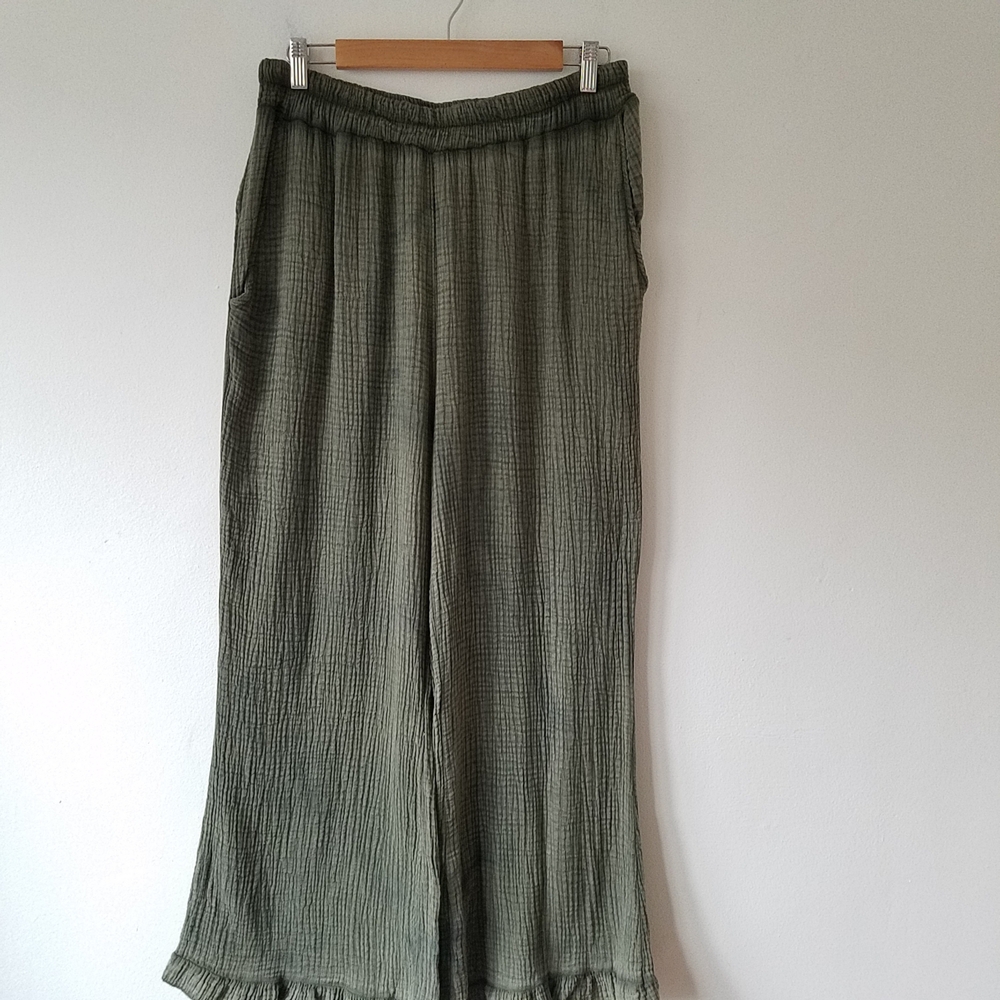 Camille & Co Gauzy Cotton Green Burn Out Ruffle Hem Wide Leg Pants XL - Picture 8 of 12